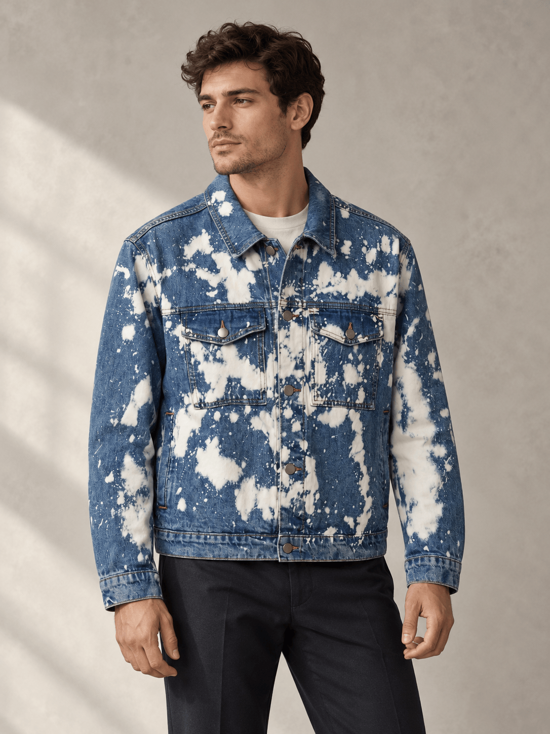 AI-assisted concept of a model wearing a washed denim jacket